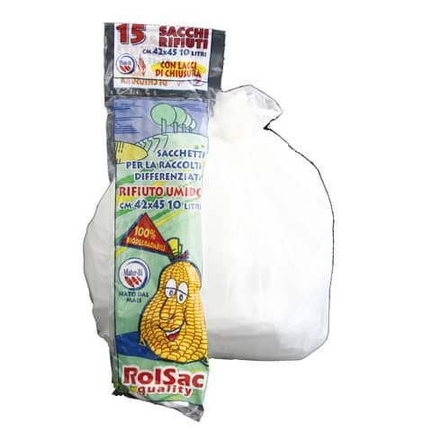Sacchi immondizia ROLSAC in mater-bi biodegradabile capacit 10 l BIANCO rotolo da 15 pz. - 10130