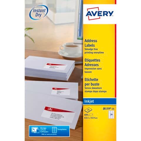 Etichette bianche per buste AVERY QuickDRY? 63,5x33,9 mm - 24 et/foglio - stampanti inkjet - cf. 25 fogli J8159-25