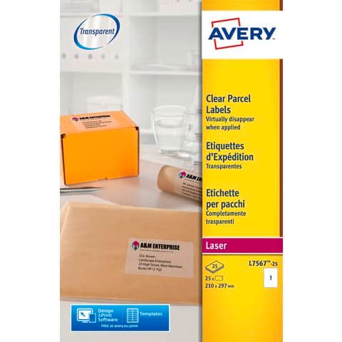 Etichette poliestere trasparenti lucide AVERY QuickPEEL? 210x297 mm - 1 et/foglio - laser conf. 25 ff L7567-25