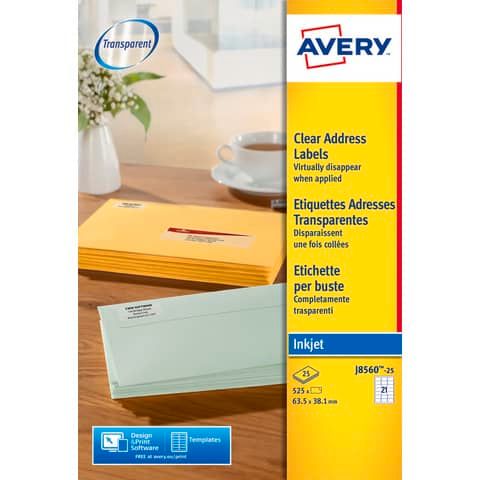 Etichette poliestere trasparenti opache AVERY QuickPEEL? 63,5x38,1 mm - 21 et/foglio - inkjet conf. 25 ff J8560-25