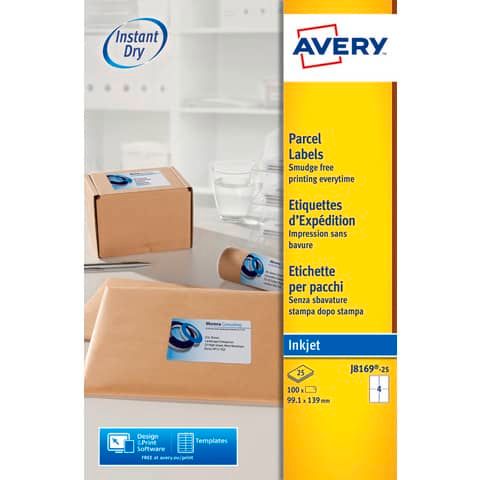 Etichette bianche per pacchi AVERY QuickDRY? 99,1x139 mm - 4 et/foglio - stampanti inkjet - cf. 25 fogli J8169-25