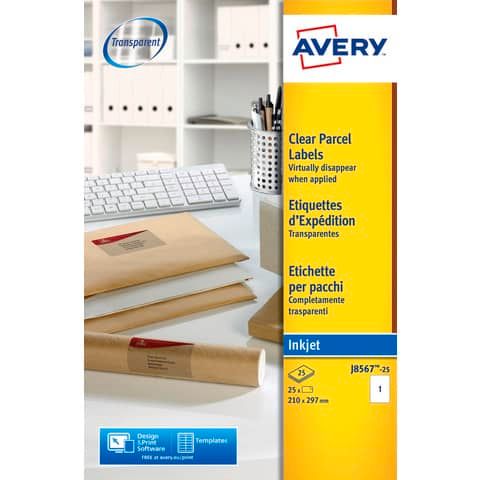 Etichette poliestere trasparenti opache AVERY QuickPEEL? 210x297 mm - 1 et/foglio - inkjet conf. 25 ff J8567-25