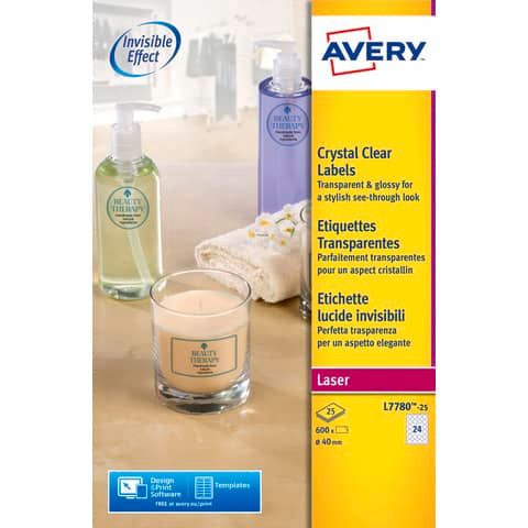 Etichette poliestere trasparenti lucide AVERY QuickPEEL? tonde  40 mm - 24 et/foglio - laser conf. 25 ff L7780-25