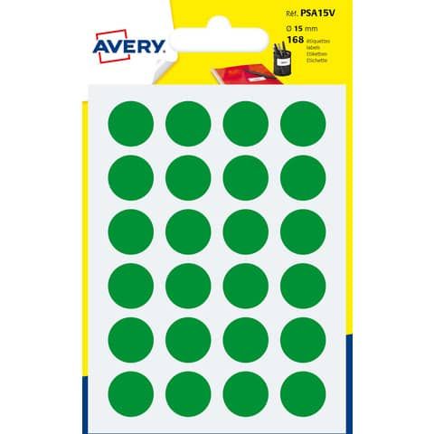Etichette rotonde colorate AVERY verde  15 mm - 24 et/foglio - scrivibili a mano - bustina da 7 fogli - PSA15V
