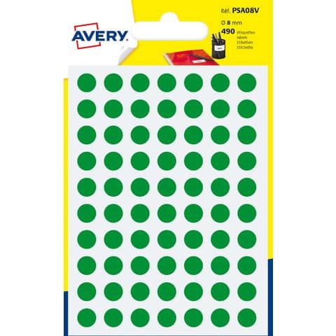Etichette rotonde colorate AVERY verde  8 mm - 70 et/foglio - scrivibili a mano - bustina da 7 fogli - PSA08V