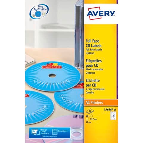 Etichette per CD AVERY finitura coprente  117 mm - 2 et/foglio - per Laser - bianche - conf. 25 fogli - L7676-25