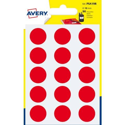 Etichette rotonde colorate AVERY rosso  19 mm - 15 et/foglio - scrivibili a mano - bustina da 6 fogli - PSA19R