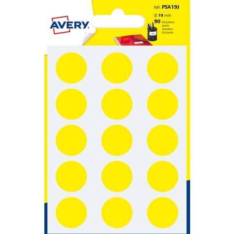Etichette rotonde colorate AVERY giallo  19 mm - 15 et/foglio - scrivibili a mano - bustina da 6 fogli - PSA19J