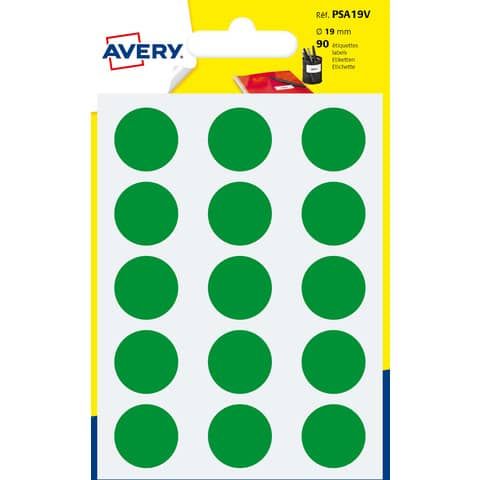 Etichette rotonde colorate AVERY verde  19 mm - 15 et/foglio - scrivibili a mano - bustina da 6 fogli - PSA19V
