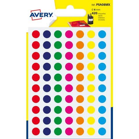 Etichette rotonde colorate AVERY colori assortiti  8 mm - 70 et/foglio - scrivibili a mano Conf.  6 fogli PSA08MX