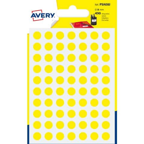 Etichette rotonde colorate AVERY giallo  8 mm - 70 et/foglio - scrivibili a mano - bustina da 7 fogli - PSA08J