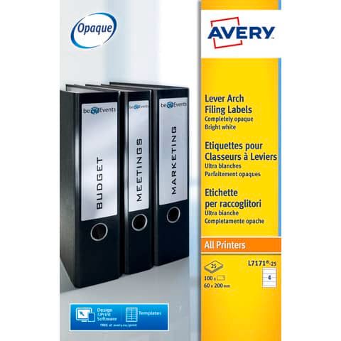 Etichette bianche per raccoglitori Avery Ultragrip? 60x200 mm - 4 et/foglio - stampanti laser - Conf 25 fogli L7171-25