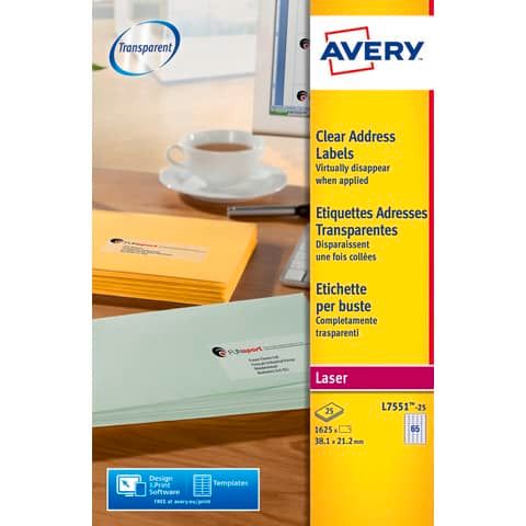 Etichette poliestere trasparenti lucide AVERY QuickPEEL? 38,1x21,2 mm - 65 et/foglio - laser conf. 25 ff L7551-25