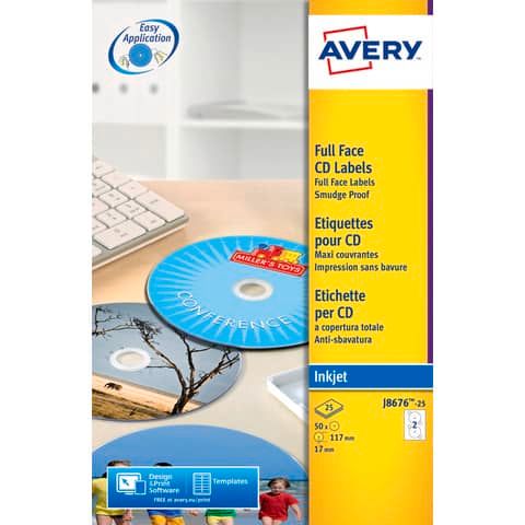 Etichette per CD AVERY patinate opache  117 mm  - 2 et/foglio - per Inkjet - copertura totale - cf. 25 fogli J8676-25
