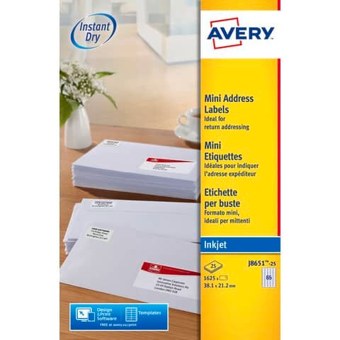 Etichette bianche per buste AVERY QuickDRY? 38,1x21,2 mm - 65 et/foglio - stampanti inkjet - cf. 25 fogli J8651-25