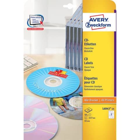 Etichette per CD AVERY finitura coprente a foro largo -  117 mm - 2 et/foglio - per Laser - conf. 25 fogli - L6043-25