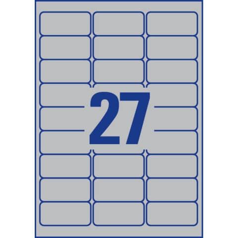Etichette permanenti poliestere argento Avery 63,5x29,6 mm - 27 et/foglio - laser monocolore conf. 100 ff L6011-100