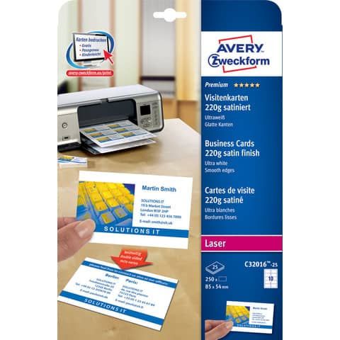 Biglietti da visita personalizzabili Avery Quick&amp;Clean? 85x54 mm 10/foglio satinati - laser - cf. 25 ff C32016-25