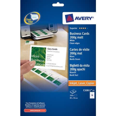 Biglietti da visita personalizzabili Avery Quick&amp;Clean? 85x54 mm 10/foglio opachi per laser - conf. 25 ff C32011-25