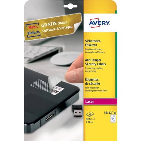 Etichette bianche antimanomissione Avery  40 mm - 24 et/foglio - per stampanti laser - conf. 20 fogli - L6112-20