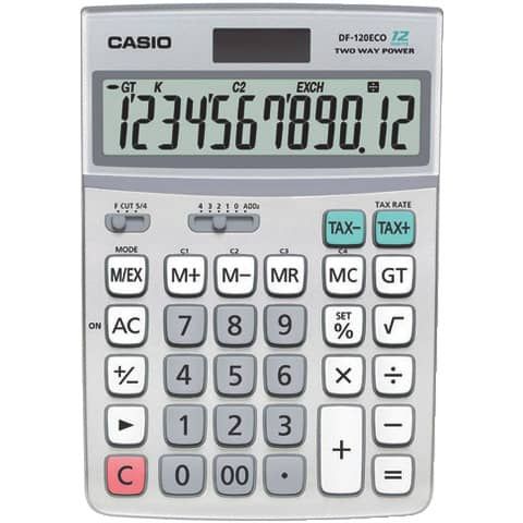 Calcolatrice da tavolo Casio solare o batteria - display 12 cifre - grigio DF-120ECO-W-EP