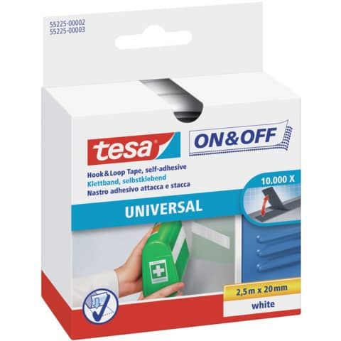 Nastro adesivo in tela tesa velcro On&amp;Off universale autoadesivo bianco 20 mm x 2,5 m - 55225-00002-01