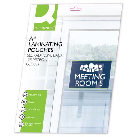Pouches autoadesive per plastificatrici Q-Connect 2x125 m finitura lucida A4 Conf. 25 pezzi - KF24056