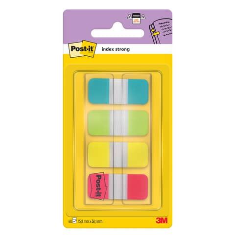 Segnapagina removibili Post-it Index Strong Mini con dispenser - 4 blocchetti da 10 ff - turchese-lime-giallo-rosso