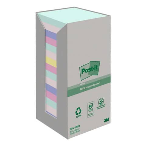Foglietti Post-it Notes carta riciclata 76x76mm assort pastello Torre da 16 blocchetti da 100 ff - 654-1RPT