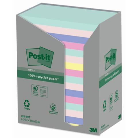 Foglietti Post-it Notes 76x127 mm carta riciclata assortiti conf. torre da 16 blocchetti da 100 ff - 655-1RPT