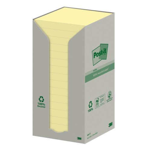 Foglietti Post-it Notes Giallo Canary? 76x76 mm carta riciclata Torre da 16 blocchetti da 100 ff - 654-1T