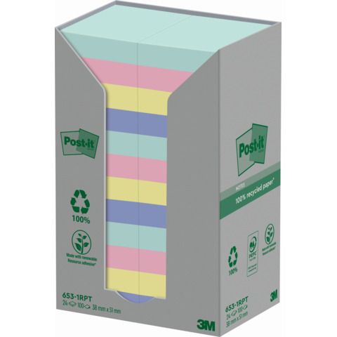 Foglietti Post-it Notes in carta riciclata assortiti pastello conf. Torre da 24 blocchetti da 100 ff - 653-1RPTN