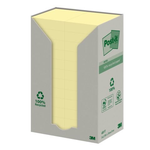 Foglietti Post-it Notes Giallo Canary? 38x51 mm carta riciclata torre da 24 blocchetti da 100 ff - 653-1T