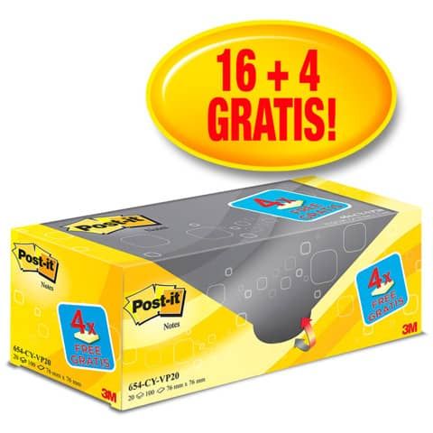 Foglietti riposizionabili Post-it Notes giallo Canary? 76x76 mm Value Pack 16+4 blocchetti GRATIS - 654-VP20
