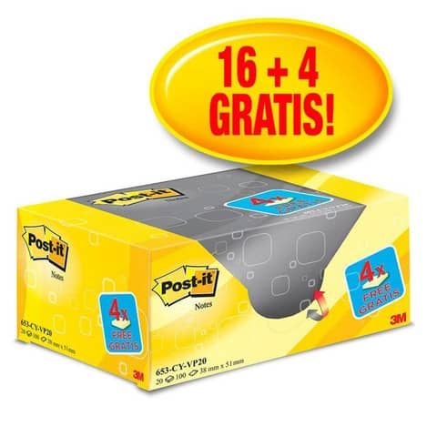 Foglietti riposizionabili Post-it Notes giallo Canary? 38x51 mm Value Pack 16+4 blocchetti GRATIS - 653-VP20