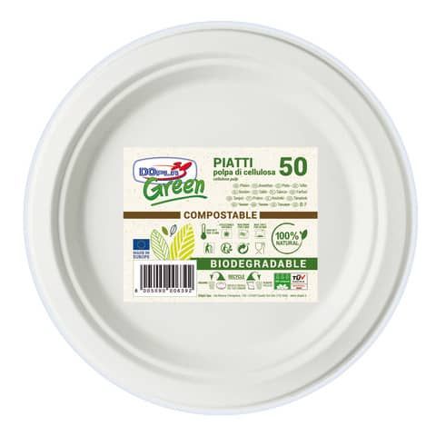 Piatti frutta monouso biodegradabili Dopla Green  17,5 cm polpa di cellulosa bianco  conf.50 - 7758