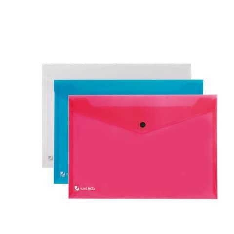 Buste con bottone King Mec Pull A4 21x29,7 cm assortiti blu, rosso e trasparente - 111355