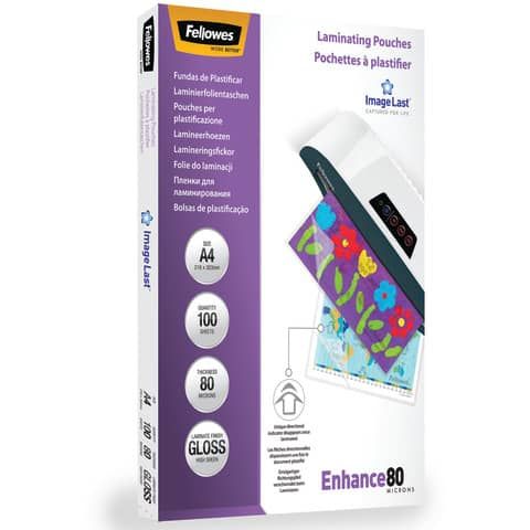 Pouches per plastificatrici Fellowes ImageLast Enhance80 finitura lucida - 2x80 m - A4 - Conf. 100 pezzi - 5306114