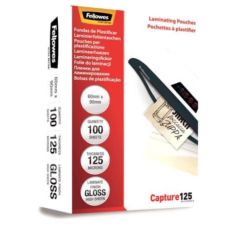 Pouches per plastificatrici Fellowes Standard Capture125 finitura lucida - 2x125 m 60x90 mm Conf. 100 pz - 5397402