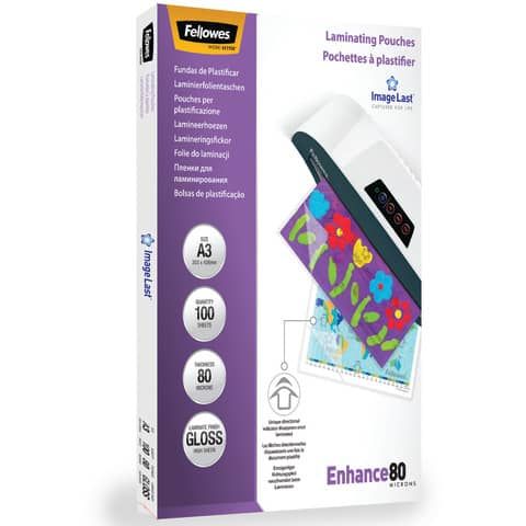 Pouches per plastificatrici Fellowes ImageLast Enhance80 finitura lucida - 2x80 m - A3 - Conf. 100 pezzi - 5306207