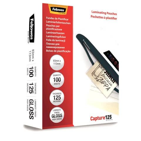 Pouches per plastificatrici Fellowes Standard Capture125 finitura lucida - 2x125 m 83x113 mm Conf. 100 pz 5307101