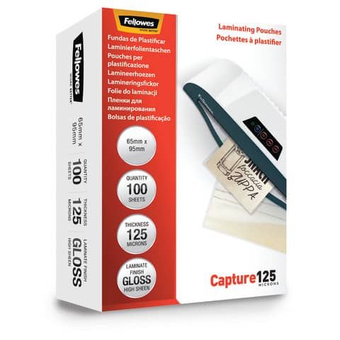 Pouches per plastificatrici Fellowes Standard Capture125 finitura lucida - 2x125 m 65x95 mm Conf. 100 pz - 5306702