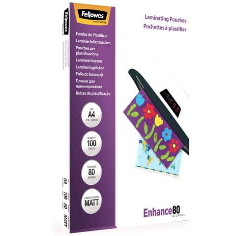 Pouches per plastificatrici Fellowes Standard Enhance80 finitura opaca - 2x80 m - A4 - Conf. 100 pezzi - 5452103