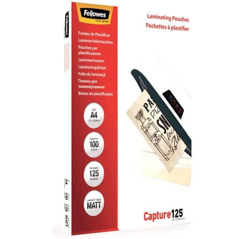 Pouches per plastificatrici Fellowes Standard Capture125 finitura opaca - 2x125 m - A4 - Conf. 100 pezzi 5328502