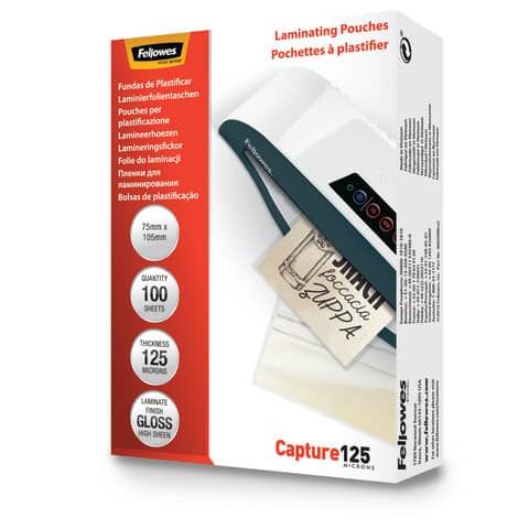 Pouches per plastificatrici Fellowes Standard Capture125 finitura lucida - 2x125 m 75x105 mm Conf. 100 pz 5306901