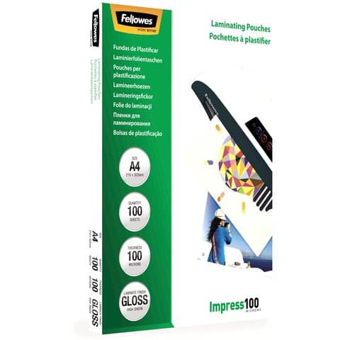 Pouches per plastificatrici Fellowes Standard Impress100 finitura lucida - 2x100 m - A4 - Conf. 100 pezzi 5351111