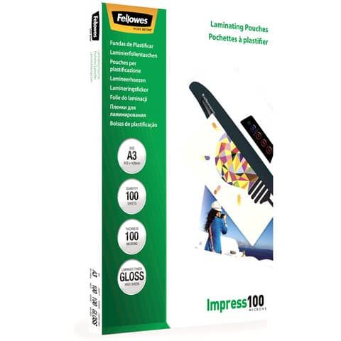 Pouches per plastificatrici Fellowes Standard Impress100 finitura lucida - 2x100 m - A3 - Conf. 100 pezzi 5351205