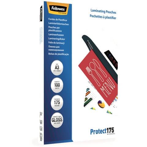 Pouches per plastificatrici Fellowes Standard Protect175 finitura lucida - 2x175 m - A3 - Conf. 100 pezzi 5308803