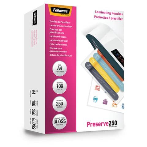 Pouches per plastificatrici Fellowes Standard Preserve250 finitura lucida - 2x250 m - A4 - Conf. 100 pezzi 5401802