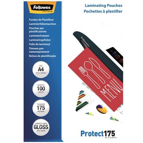 Pouches per plastificatrici Fellowes Standard Protect175 finitura lucida - 2x175 m - A4 - Conf. 100 pezzi 5308703